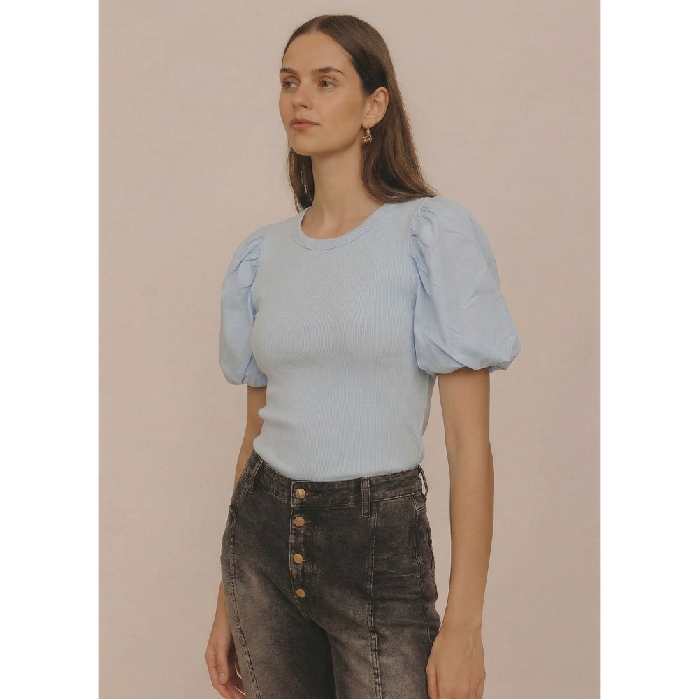 Lands End Womens Light Blue Ribbed Puff Sleeve Top‎ Size Small 6-8 Drapey Preppy